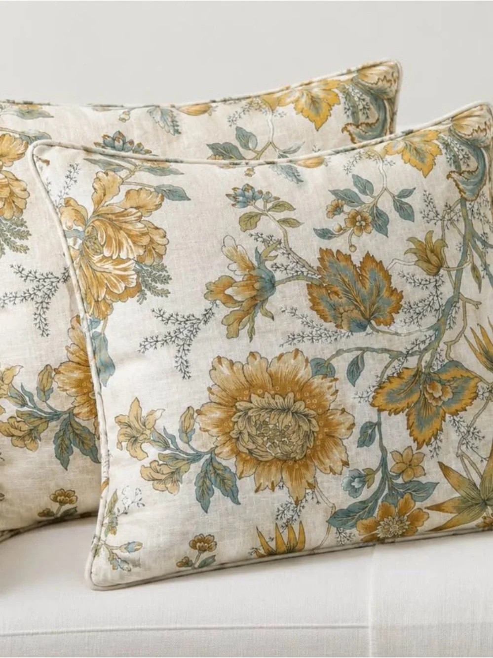 Pottery Barn Floral Linen-Blend Pillow covers in Mustard & Teal-Green